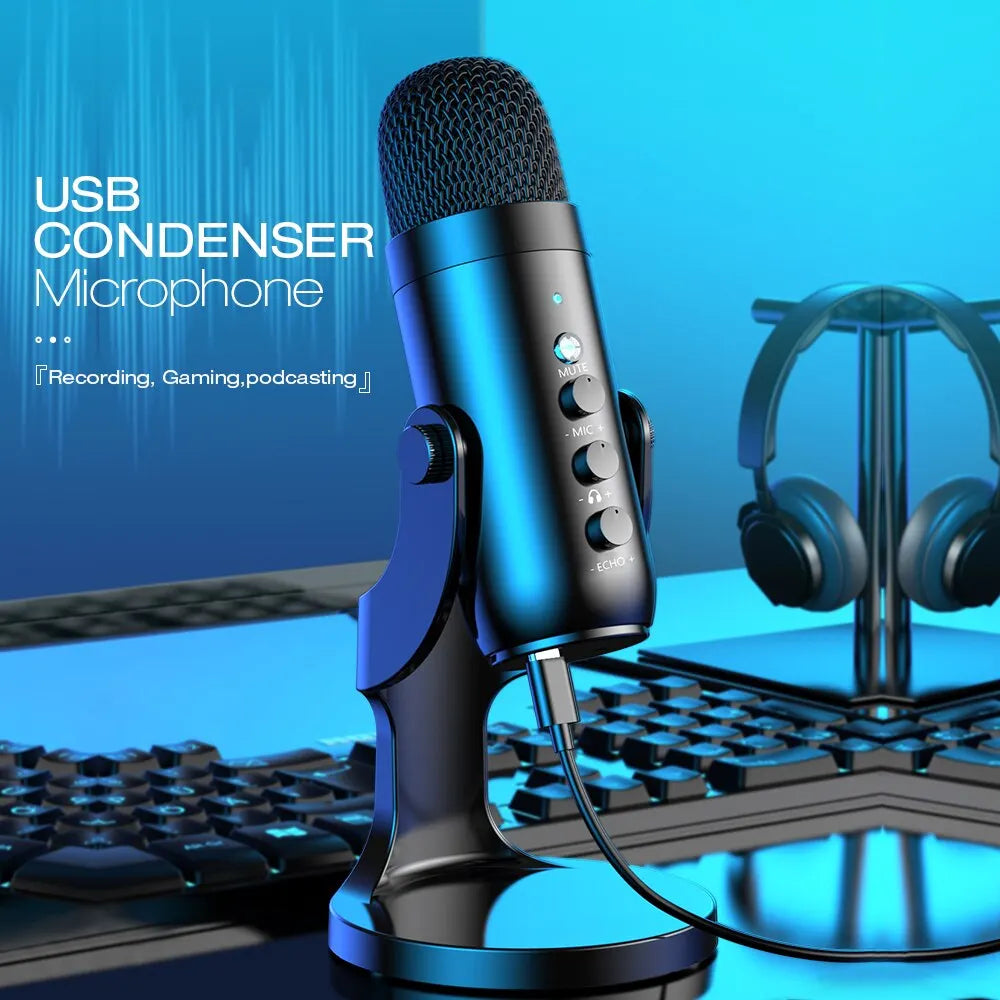Micrófono USB Haomuren para PC y Mac, ideal para juegos, grabación, streaming y podcasts.